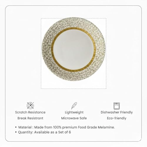 Image of Melamine Quarter Plates | Round Half Plate | Microwave Safe | Break Resistant | Plates for Snacks, Lunch, Dinner | Plates for home, Office, Restaurant | Set of 6 | 7 Inch's (GOLD DIAMOND)