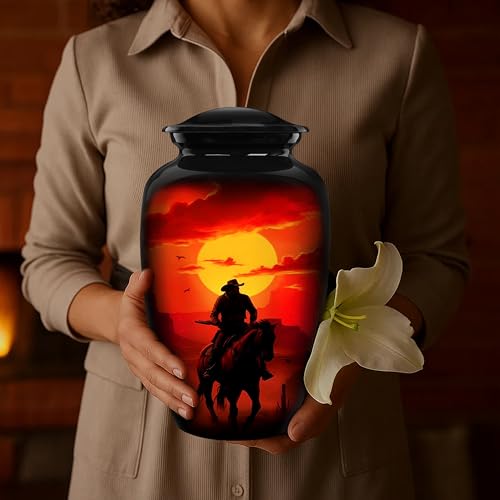 Image of Cremation Urns for Human Ashes Adult Male Female - Large Funeral Men Urn for Ashes, Western Decorative Burial Memorial Urn with Black Velvet Bag, Cowboy, 200 Cu in