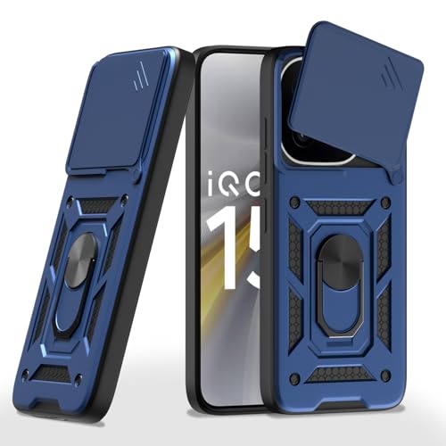 Image of Pikkme Back Cover for iQOO 15 5G | 360 Protection Case | Sliding Camera Shield Cover & Ring Holder Stand D10 Tough Armor Bumper Case (Blue)