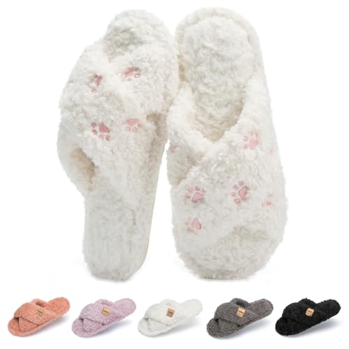 Image of GOEWY Fuzzy Open Toe Slippers for Women Cozy Memory Foam House Shoes Indoor | Cute Cross Band,Soft Faux Fur,Anti-slip Sole Outdoor,Machine-washable,Lightweight,Slip on Gifts for Women,Mom and Bridesmaid