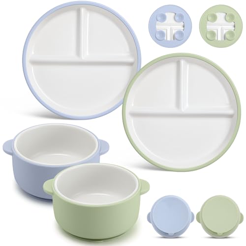 Image of Domensi 4 Pcs Porcelain Kids Plates and Bowls Sets with Suction, 2 Ceramic Toddler Divided Plates 2 Baby Anti Slip Silicone Sleeve Bowls for Feeding Supplies Microwave Dishwasher Safe(Blue,Green)