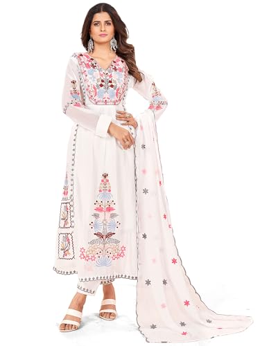 Image of FABZOO Women's Georgette Embroidery Anarkali Kurta Palazzo & Dupatta Set. (Medium, White)