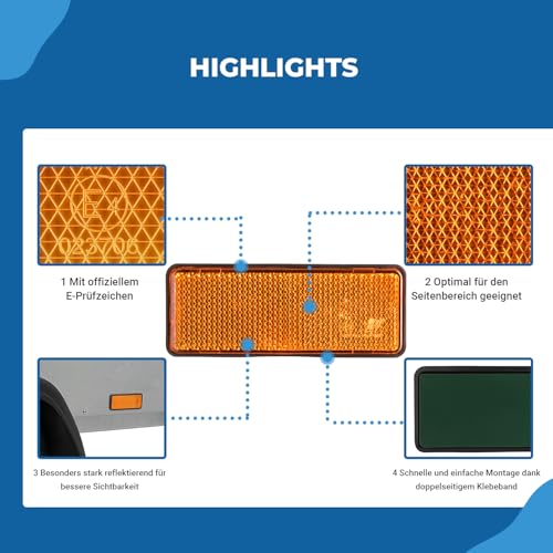 AUTOLIGHT 24 4X Reflektoren Katzenauge Seitenstrahler Anhänger Orange Reflektor selbstklebend zum Kleben mit E-Prüfzeichen rechteckig 94x37mm für Anhänger LKW PKW Trailer Wohnwagen