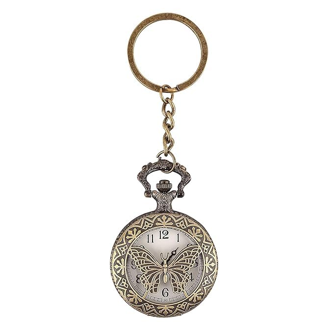 Image of AUGEN Premium Pocket Watch Metal Keychain Butterfly 4 Retro Vintage for Gifting With Key Ring Anti-Rust (Pack Of 1)