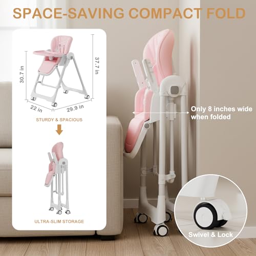 Image of 3-in-1 Foldable High Chairs for Babies and Toddlers with Rocking Mode | Baby High Chair with 5 Height Levels, Adjustable Backrest & Footrest, Lockable Wheels
