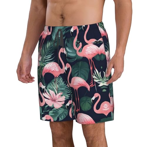 Pink Flamingo Print Men's Swim Trunks | Quick Dry Drawstring Beach Shorts2