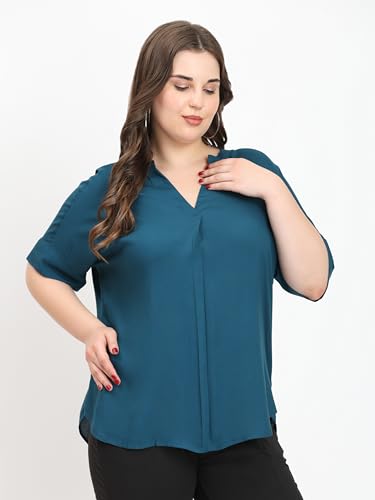 Image of SINDOORI Relaxed Fit Tops for Women Plus Size Solid Printed Mandarin Collar, Band Collar, V-Neck Top, Half Sleeve Loose Fit