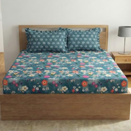 Image of Home Sizzler Microfibre Floral Print Double Fitted Bedsheet, 72x78 inch, Teal Green with 2 Ruffled Edge Pillow Covers