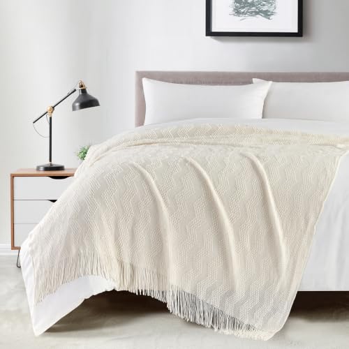 BOURINA Off White Throw Blanket 50x60 Inches Throw Textured Solid Soft Ripple Throws and Blankets for Sofa or Bed Knitted Decorative Throw