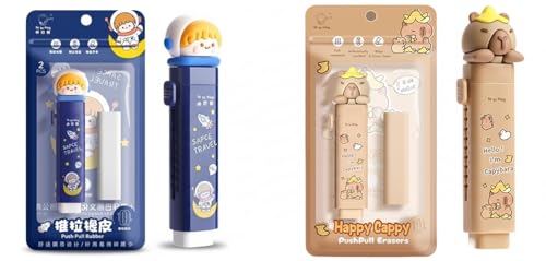 Image of Parshya Cute Push Pull Erasers for School - Novelty Retractable Rubber Set - Fun Capibara & Space Travel Design - Kids Students Stationery Gifts (2-Pack)