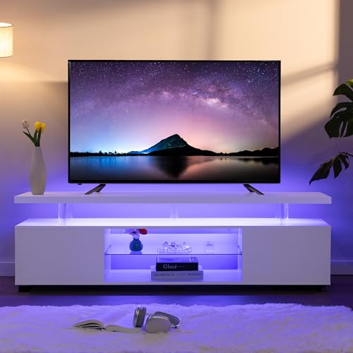 Image of White TV Stand for 70 inch TV, LED Entertainment Center with Storage | Adjustable LED Lighting, Acrylic Columns, Glass Shelf, Spacious Storage, Modern TV Cabinet for Living Room