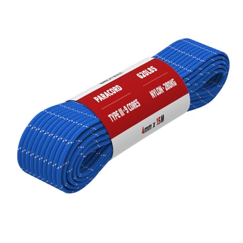 Brotree Paracord 4mm 9 Fili 100% Nylon Corda (15m, 30m, 50m) Tipo III Corda da Paracadute per Sopravvivenza, All'aperto, Fatto a Mano - 280kg Carico di Rottura (Riflettente Blu Scuro, 15m)
