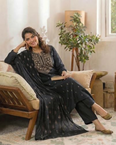 Image of ANNI Designer Women's Viscose Straight Printed Embroidery Kurta with Pant & Dupatta | Long Sleeve Ethnic Kurta Set for Women | Casual Office, Daily, Party Outfits
