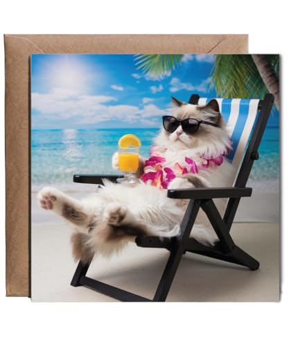 Hippowarehouse ragdoll cat on the beach Personalised Card. 15cm x 15cm with envelope for him for her Funny Cards for Men and Women Blank inside option