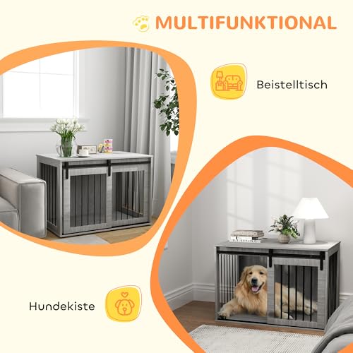 PawHut Hundekäfig 98 cm Hundebox für Zuhause mit Abschließbar Schiebetüren Moderne Metall Indoor Hundehütte für große Hunde Hundehaus 98 x 58 x 61 cm Grau