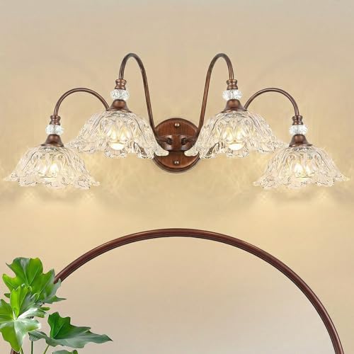 Image of Antique Red Bronze Finish Bathroom Vanity Light, 4-Light Vintage Vanity Light with Floral Clear Glass Shades, Retro Wall Mount Lighting for Bathroom, Dressing Table