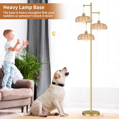 Image of Vintage Floor Lamps for Living Room Bedroom-3 Light Glass Floor Lamp with Three Led Bulb, Flower Tall Floor Lamp Gold Mid Century Modern Standing Lamp Tree Floor Lamps for Living Room Bedroom Corner