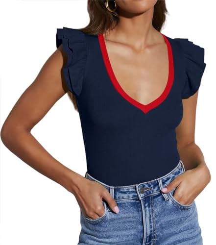 BONITEE Women Summer Ruffle Tops Sexy Deep V Neck Short Sleeve Shirts Trendy Casual Ribbed Slim Fitted Knit Tees Blouse4