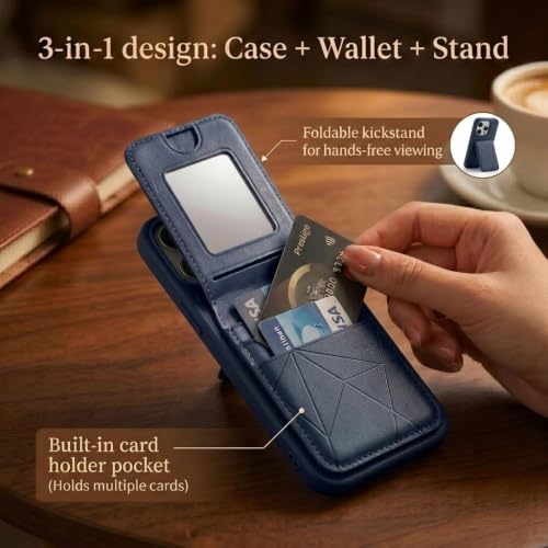 Image of amazon basics Premium Vegan Leather Back Cover with Card Holder and Integrated Mobile Stand for iPhone 16 Pro - Slim Shockproof Wallet Case with Geometric Stitching [Black]