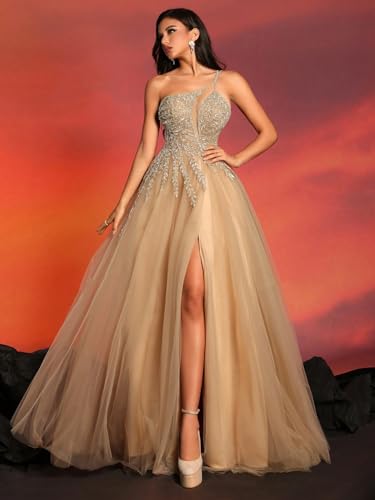 One Shoulder Prom Dress Sequin Party Dress Long Formal Dress with Split3