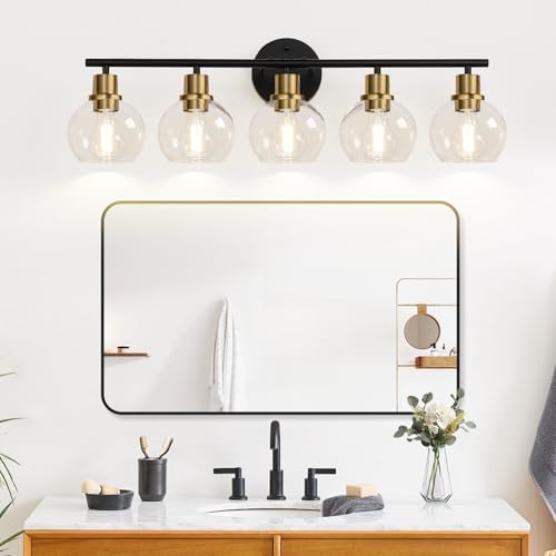 Image of 5-Light Bathroom Vanity Light, Black and Gold Bathroom Light Fixtures with Clear Glass Globe Shades, Modern Vanity Lighting Over Mirror for Bathroom, Kitchen, Living Room, Hallway, Bedroom, Porch