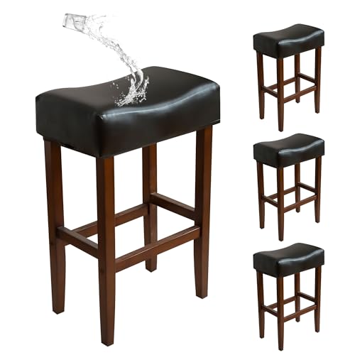 Image of 4 PCS Waterproof Rectangular Bar Stool Covers 14x18X4 Faux Leather Stretch Rectangle Saddle Stool Covers Heavy-Duty for Kitchen Counter & Lab Washable-Black