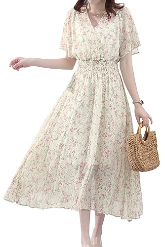 [Yino] 花柄 ロング ワンピース 半袖 レディース シフォン マキシワンピース Vネック フレア袖 裏地付き ウエストゴム 着痩せ おしゃれ 可愛い お呼ばれ お出かけ 通勤 普段着 夏のサムネイル