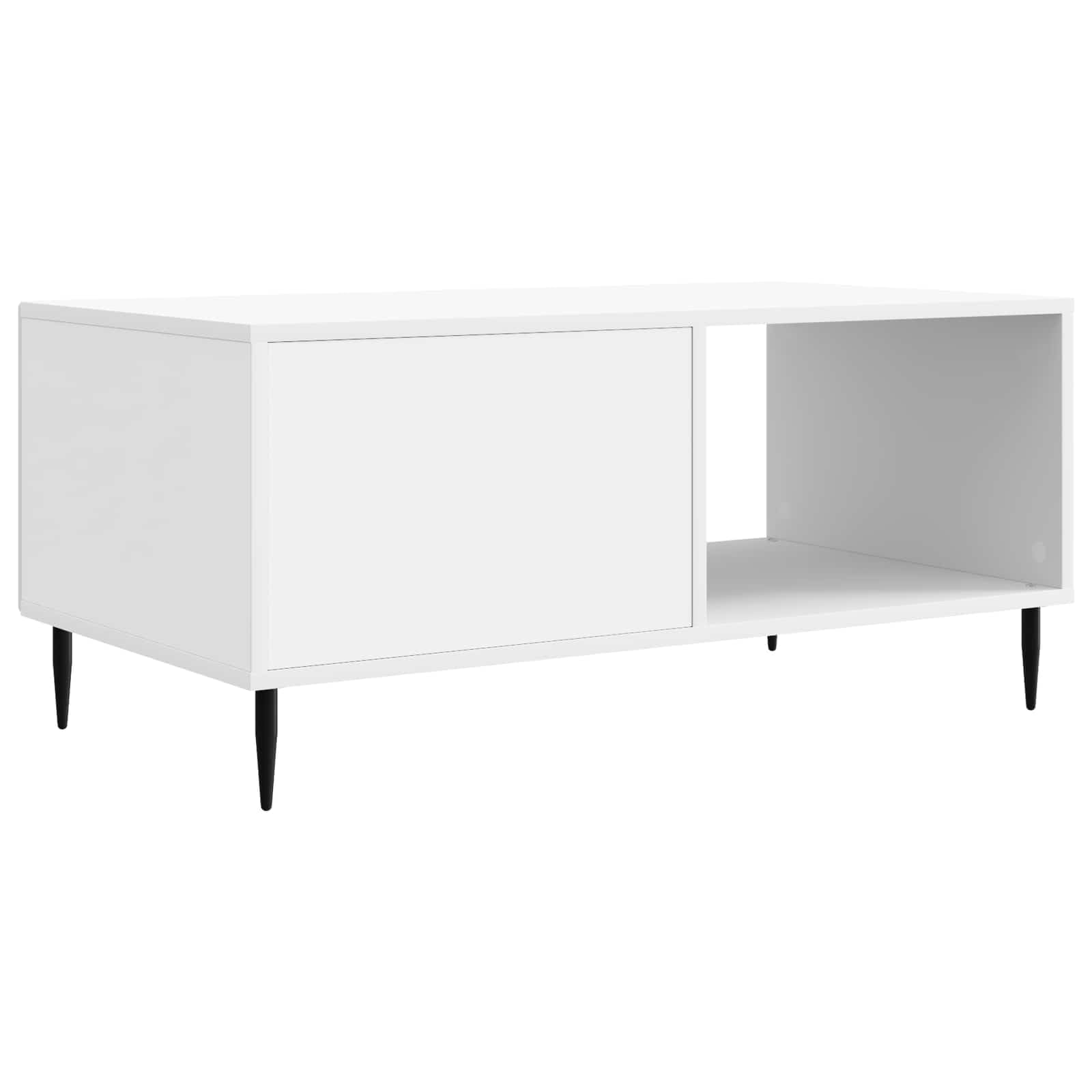 Hothingwell Biały stolik kawowy 90 x 50 x 40 cm Drewno inżynierskie | Stożkowe metalowe nóżki, zintegrowane przechowywanie, styl industrialny vintage, łatwe do czyszczenia