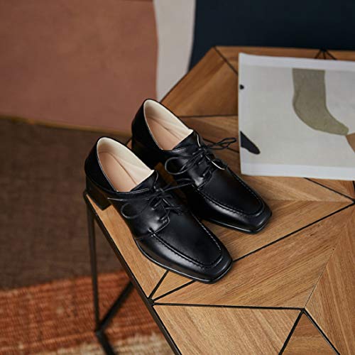 VOKLIN Women's Fashion Square Toe Dress Pumps Lace Up Chunky Block High Heel Work Office Loafer Pump Shoes2