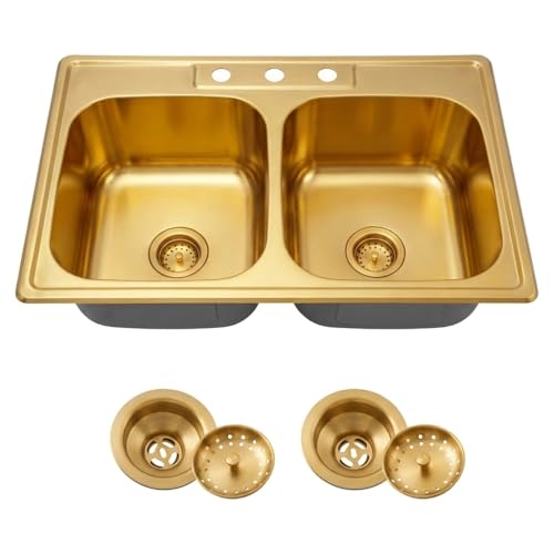 Kitsitchen 33x22 Drop In Kitchen Sink Gold Stainless Steel Top Mount 50/50 Double Bowl Kitchen Sinks 33 Inch Large and Deep Kitchen Sink with Sink Strainer