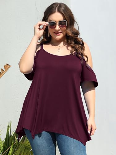 Image of LARACE Cold Shoulder Tops for Womens Summer Clothes Spaghetti Strape Tunic Oversized Shirts Asymmetrical Plus Size Blouse