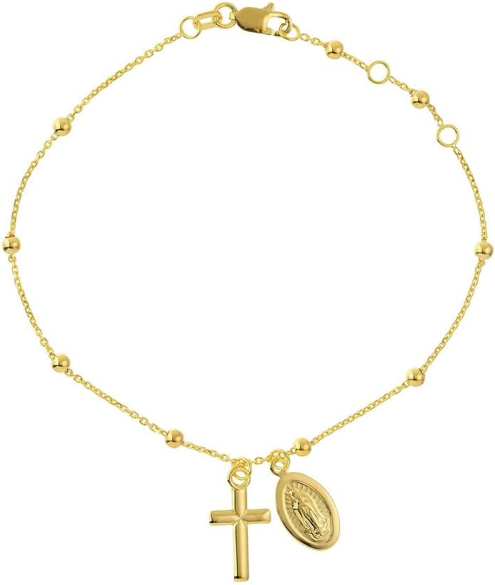 JEWELHEART 14K Solid Gold Bracelet For Women - Miraculous Virgin Mary Medal Cross Charm Bracelet - Minimalist Yellow Real Gold Ball Bead Chain Bracelet Adjustable From 6.25" Up To 7.25"