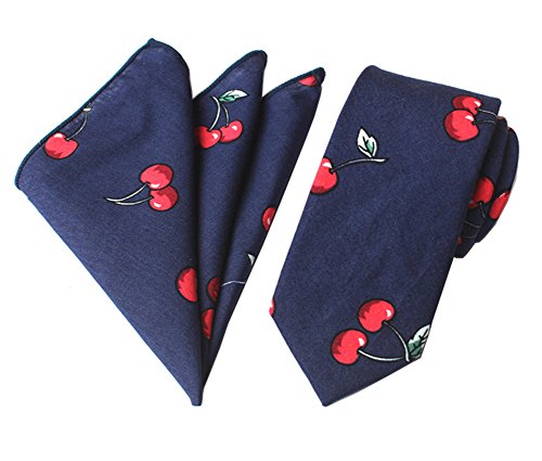 Secdtie Men's Skinny Handkerchief Tie Cotton Floral Necktie & Pocket Square Set, Navy Cherry, One size