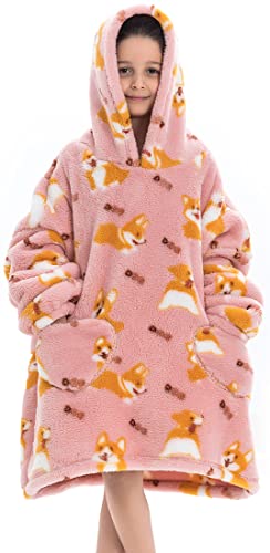 PANOZON Fille Sweat à Capuche Surdimensionné Wearable Robe Doux Couvertures à Capuche TV Garçon en Polaire(Taille Unique,Corgi) Cover