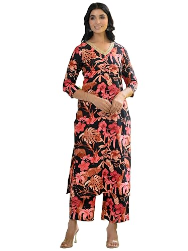 GoSriKi Women's Cotton Blend Straight Printed Kurta with Palazzo (Chinki Black-GS_M_Black_Medium)