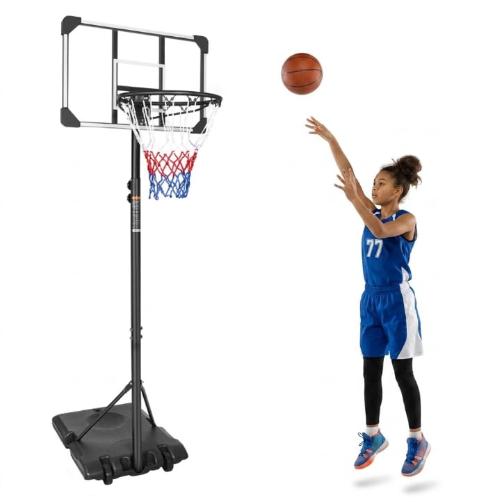 Canasta de baloncesto portátil para exterior e interior, altura ajustable, 170 – 213 cm, equipo de baloncesto portátil con ruedas y tablero resistente a la intemperie, soporte de baloncesto resistente