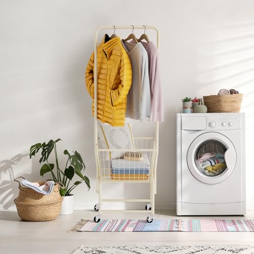 SIMHOMSTOR Rolling Laundry Cart with Wheels, Laundry Hamper Basket Organizer with Clothes Hanging Rack, Wire Storage Cloth Shelf Butler, Cream by SIMHOMSTOR - Used condition - Image 5