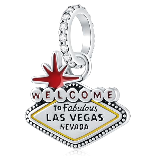 2025 Welcome to Las Vegas Charms, 925 Sterling Silver American Nevada Dangle Bead fit Pandora Heart Bracelet, Travel Landmark Charms Gifts for Vacation/Birthday/Graduation