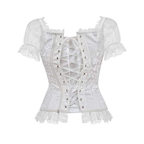 Blidece Gothic Tapestry Lace Up Boned Corset Overbust Bustier With Lace Sleeves White #TOP1