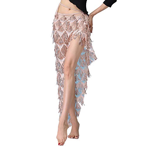 MUNAFIE Hip Scarf for Belly Dance Folk Dance Halloween Costume Tribal Dance Skirt with Sequin Tassel Champagne
