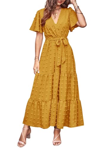 Image of MASCOMODA Women Boho Swiss Dot Maxi Dresses Wrap V Neck Flutter Short Sleeve Solid Tie Waist A Line Tiered Flowy Long Dresses