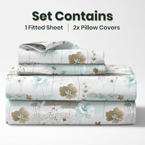 Image of LORETO - A QUALITY LINEN BRAND 210 TC 100% Pure Cotton King Size Fitted Bedsheet with 2 Pillow Covers for 78 x 72 Inch Mattress, All-Around Elastic, 8 Inch Deep Pocket, Light Green & Beige