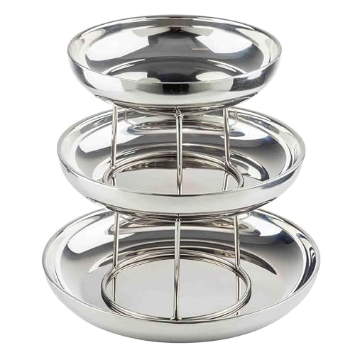 TableCraft 12913 Three-Tiered Seafood Tower, Double-Wall Stainless Steel Display with Polished Mirror Finish, Round 10", 12" & 14" Bowls, Elevated Chilled Presentation, 14" x 14" x 13.75", Silver