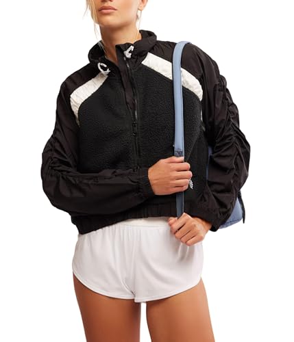 Free People, Women's, Amelia Zip Up Fleece, Black/White Combo, X-Large
