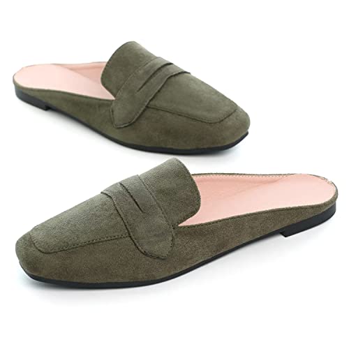 Hee grand Women's Mules Suede Square Toe Flat Slides Slip On Flat Slipper Backless Loafers Plus Size,Army Green 8