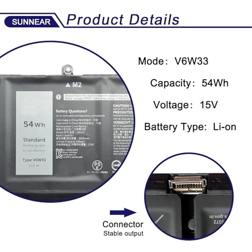 Image of V6W33 54Wh Laptop Battery Replacement for Dell Inspiron 3510 3520 3511 3515 5310 5510 5515 5625 5630 Inspiron 14 7415 7420 7425 7430 7435 7445 2-in-1 Latitude 3320 3520 3420 Vostro 3515 Series