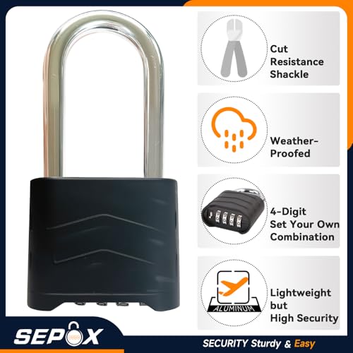 SEPOX 2PCS Large Combination Padlock, 2-5/8" Extra Long Shackle, Outdoor Combo Lock 2.2" 55mm Aluminum Body, Weatherproof, Ressetable 4Digital, Uncuttable Shackle, for Home, School, Gate, Garden - Thumbnail 4