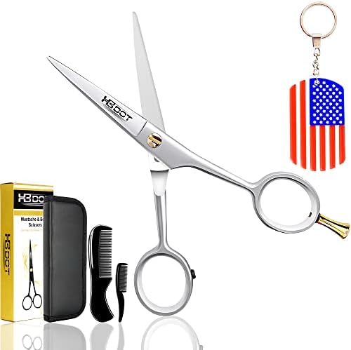 HB DOT - Professional Mustache Scissors, 5 Inches Silver Mustache Beard Scissors, German Stainless Steel Beard Scissors for Men with Case, 2 Combs and 3D Rubber Keychain.