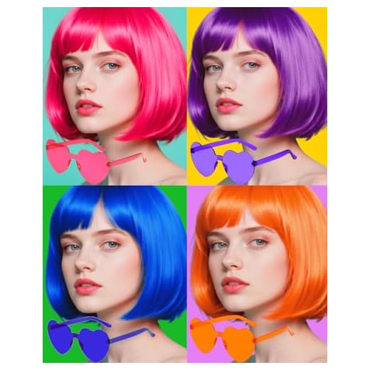 FSLLZCJY Colorful Wigs with Sunglasses for Costume Party Cosplay Short Neon Colored Wigs Synthetic Hair Bob Wigs for Bachelorette Party Halloween Christmas