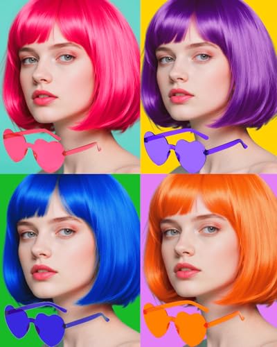 Image of Colorful Bob Wigs with Heart Sunglasses, Neon Colored Funny Wigs for Party